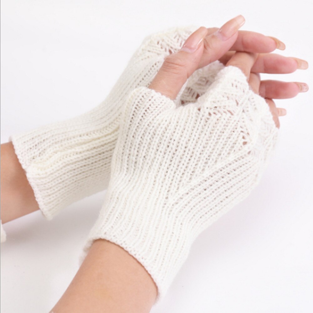 Woman Ladies Fingerless Gloves Winter Warm Soft Knitted Mittens ST007: White