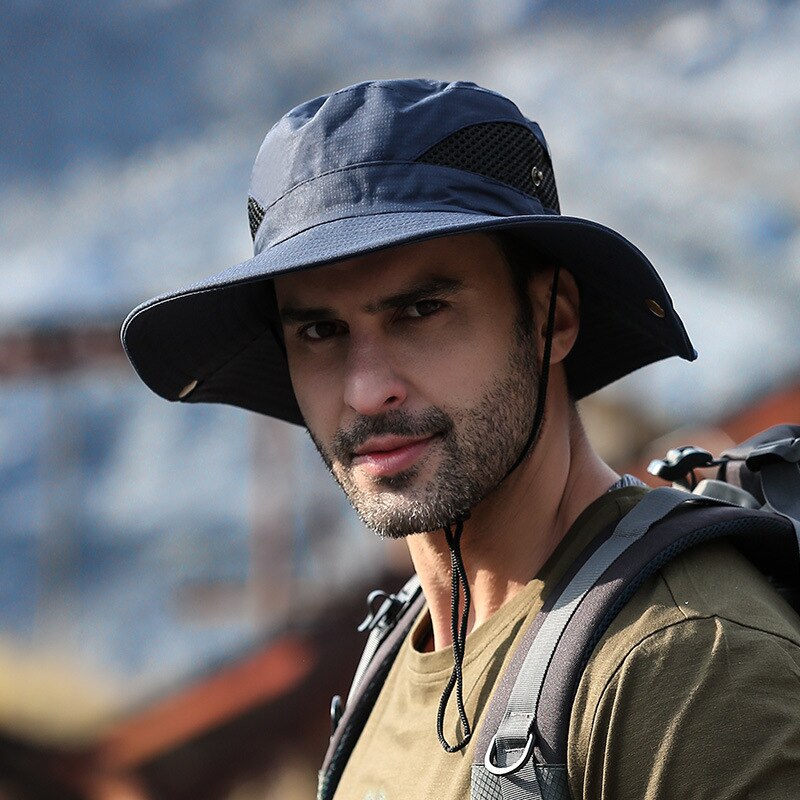 Bucket Hat Man Outdoor Cowboy Hat Sunscreen UV Protection Breathable Fishing Sunshade Camping Hiking Big Brim Fisherman Cap: XMZ74-Dark Blue