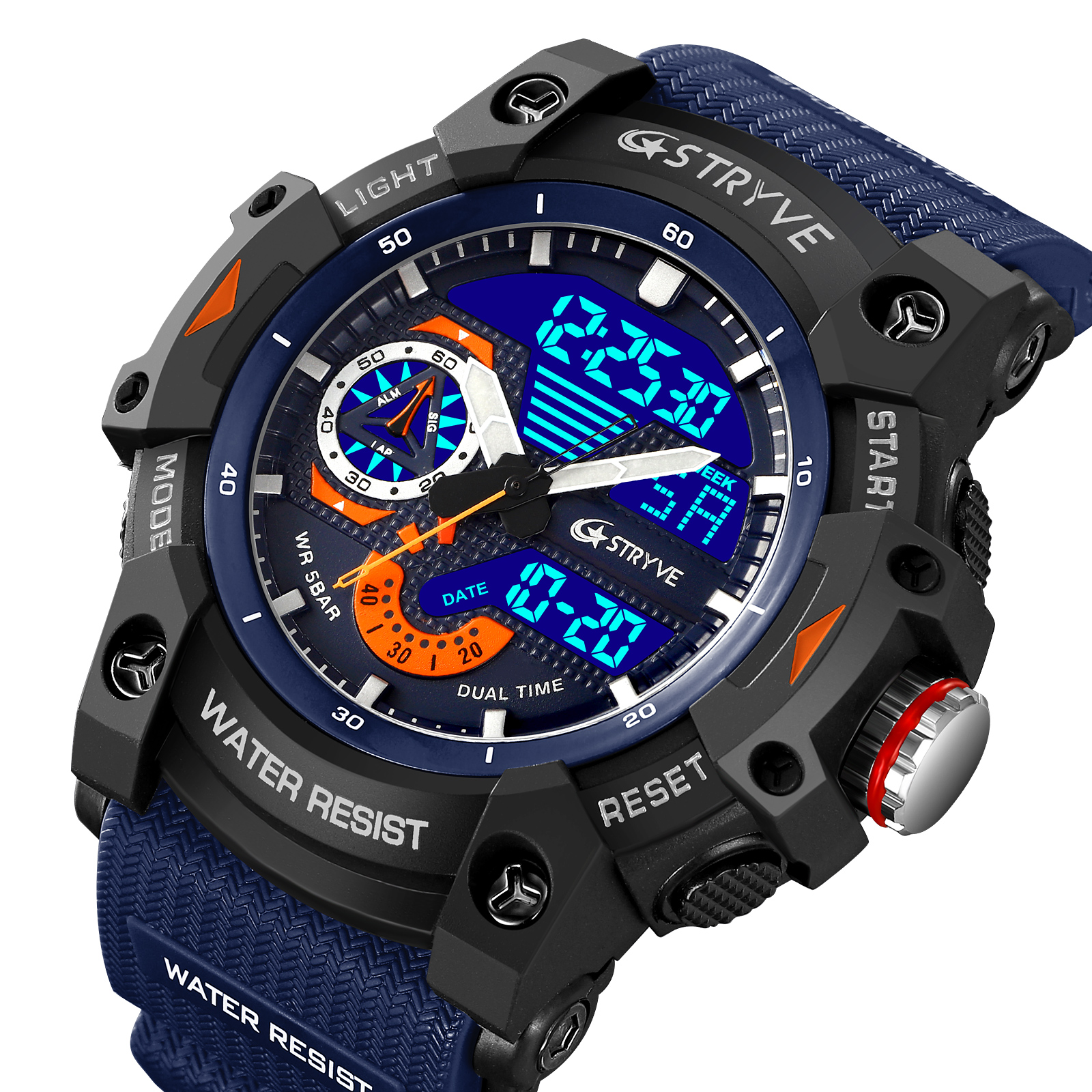 STRYVE Sports Dual Display Watch For Men LED Digital Quartz Waterproof Watches Men's Stopwatches Clock Youth Wristwatches 8029