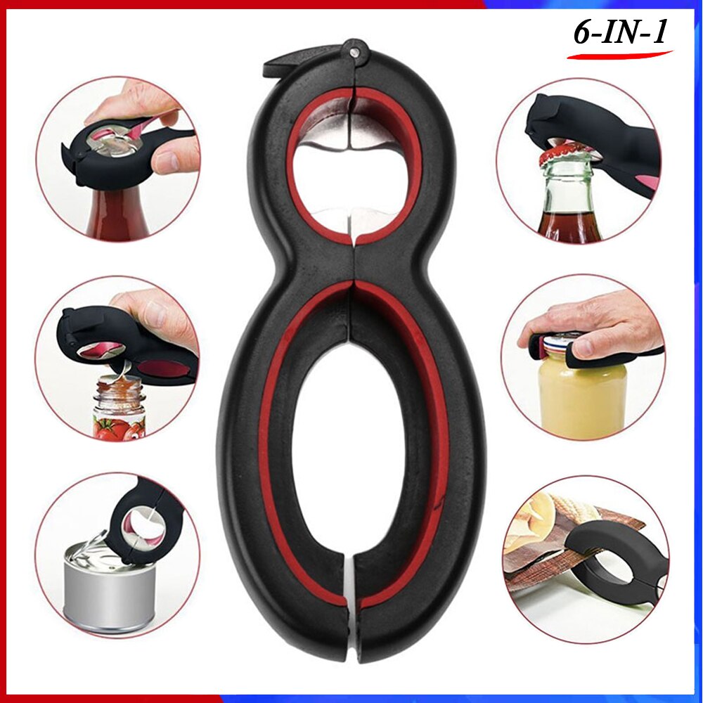 6 in 1 multifunctionele draaiflesopener, alles-in-één potgrijper blik wijn bier deksel draaibare potopener klauw