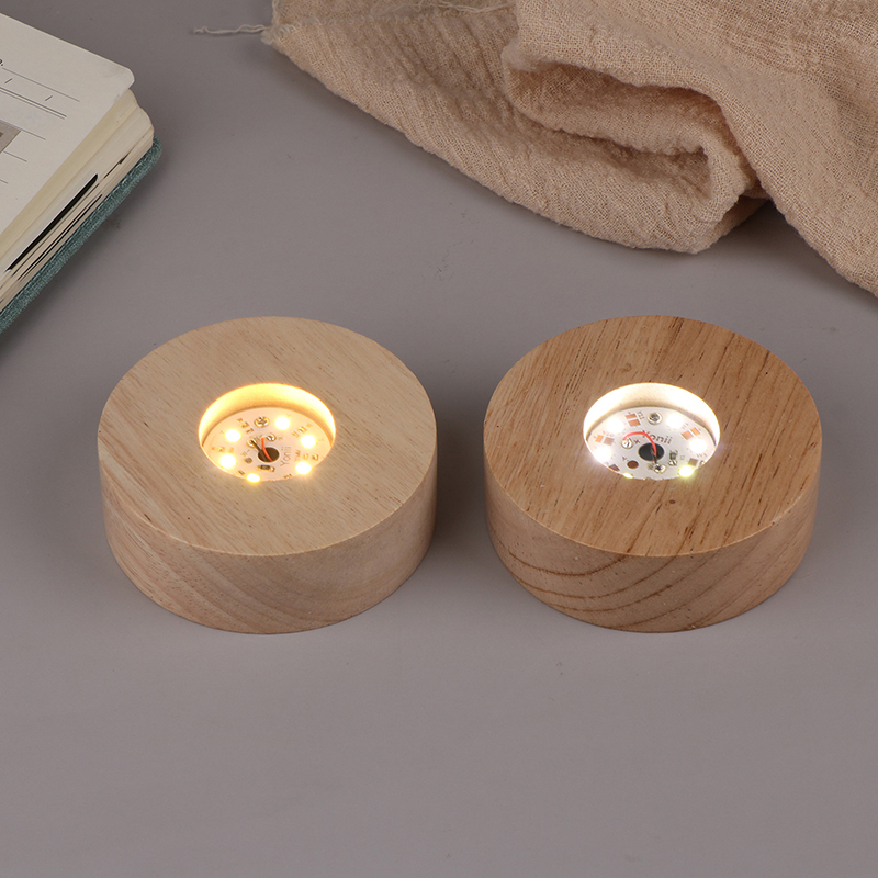 Base d'affichage de lumière LED ronde en bois à piles, 8/10cm, support de lampe de nuit capable, verre de cristal, résine, ornements artistiques