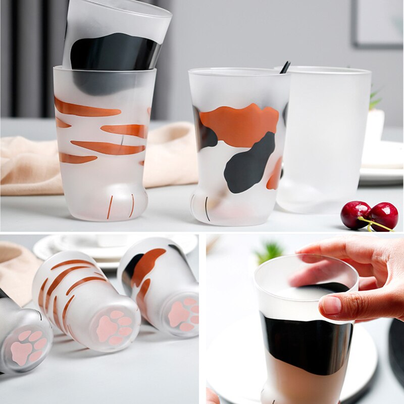Søt frostet glass kopp katt pote form print kaffe krus print personlighet barn frokost melk kopp tumbler drikkeglass