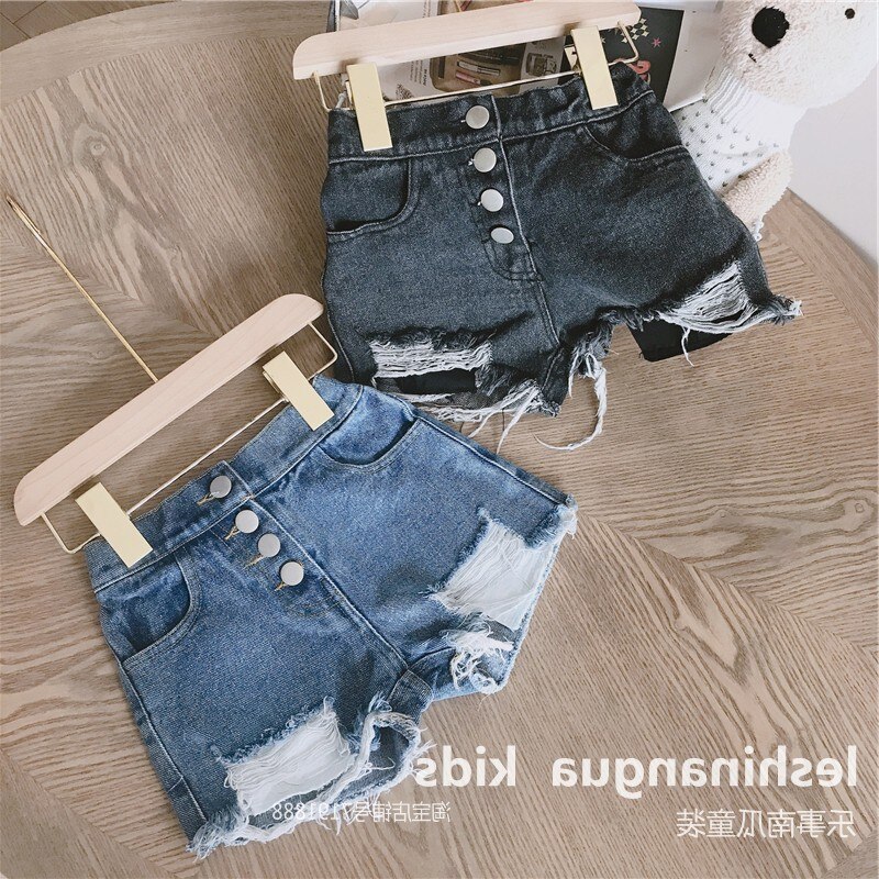 Flicka jeans shorts bebis flicka knapp gylf jeans shorts barn casual trasiga hål byxor flickor stretch slitna jeans
