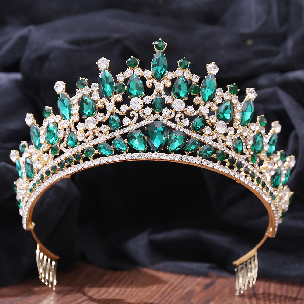Barokke blauwgroene opaal bruiloft kroon met kam kristal koninklijke koningin bruids tiara's grote strass optocht diadeem hoofdaccessoires: Imitation Rhodium Plated