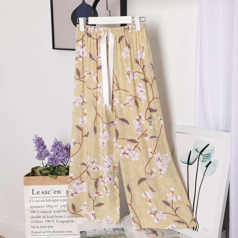 Pantalon en coton respirant pour femmes, imprimé Floral, jambes larges, cordon de serrage, vêtements de maison, Long, été: 12