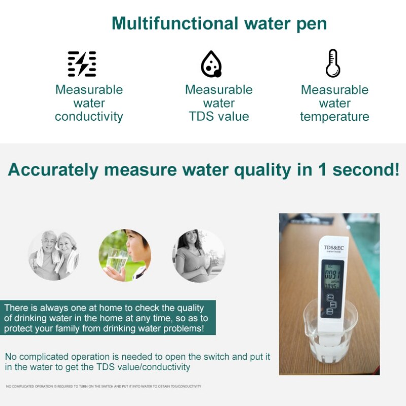 3 In1 Digital Water Tester TDS EC Meter Multifunctional Water Purity Temperature Meter TEMP PPM Tester Pen 0-9990ppm