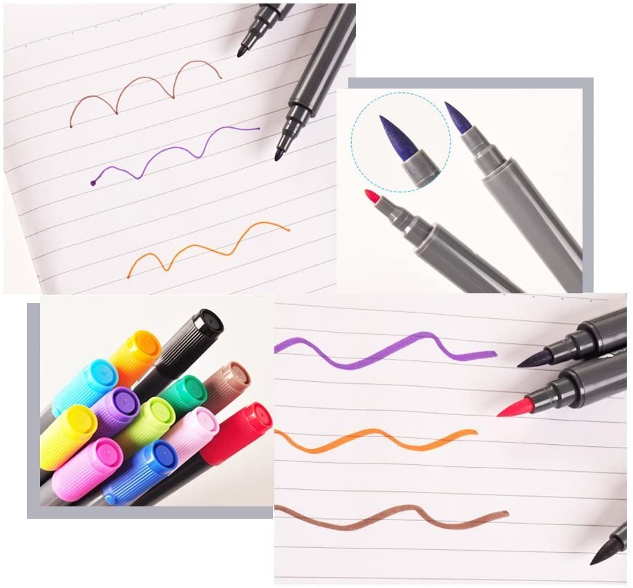Sæt  of 12 markørpenne med dobbelt tip, fint vand og børstespids baseret på tegning, maling og tegning af tidsplan for tegning af farvebøger