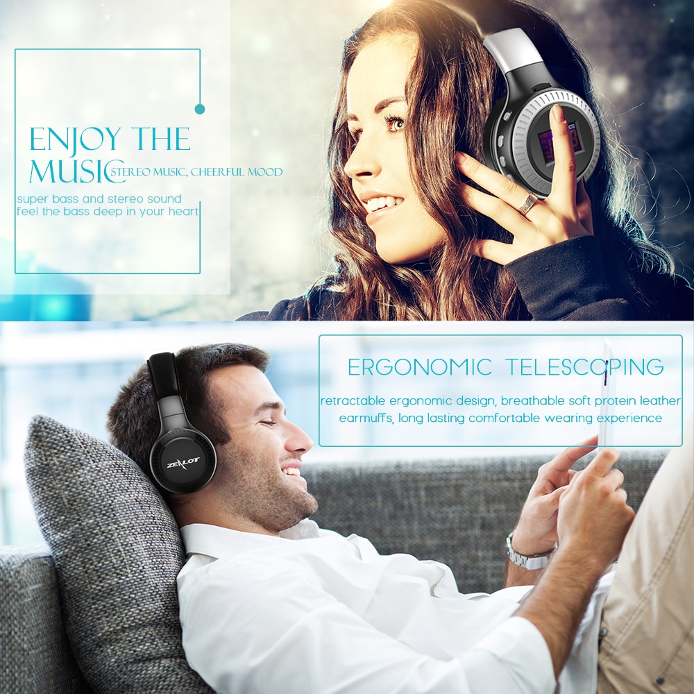 ZEALOT-auriculares inalámbricos B19 con Bluetooth, dispositivo de audio estéreo de graves, compatible con microSD, tarjeta AUX, micrófono de Radio