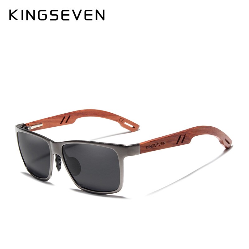 KINGSEVEN Handmade Bubinga Wooden Men's glasses Polarized sunglasses Women Mirror Lens Sun Glasses Driving Eyewear: Gun / With Leather Case