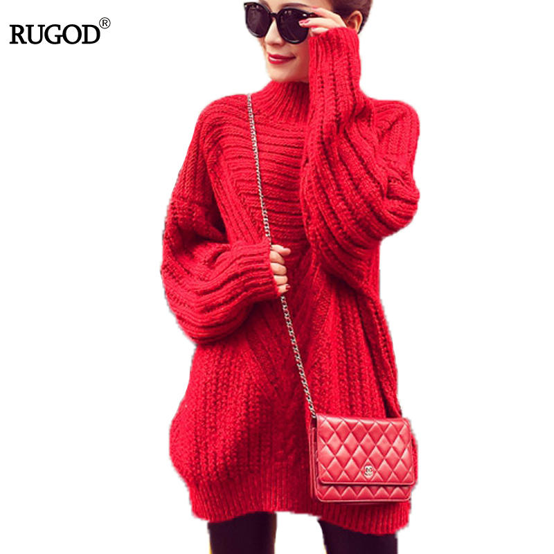 Rugod chic turtleneck lang pullover hule sweater kjole vinter toppe til kvinder slik farve koreansk stil: Rød