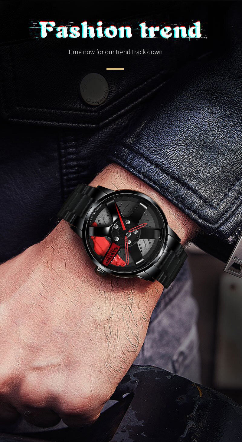 Auto Velg Hub Quartz Horloge Mannen Luxe Zwart Rood Groen Rvs Horloges Man Horloge Mannelijke Skeleton Dial Cool reloj