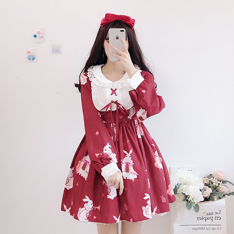 Lolita jurk, schattig konijnenprintje, schattige japanse kawaii meisjes, prinsessenmeisje, vintage gotische printpatronen, kant, wit, rood jurkje