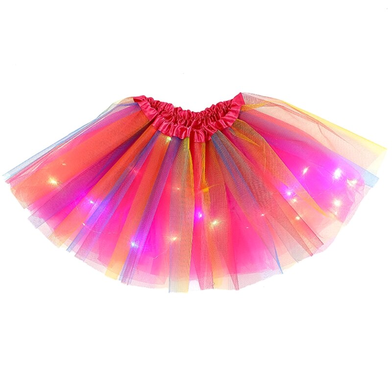 Meisje Gelaagde Regenboog Tutu Rokken Prinses Led Licht Dansen Ballet Tule Rok D5QA