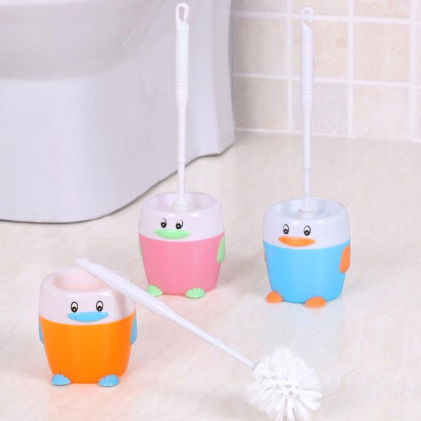 Simpatico cartone animato pinguino scopino e supporto durevole bagno scopino spazzola di pulizia in plastica per wc, 4 colori