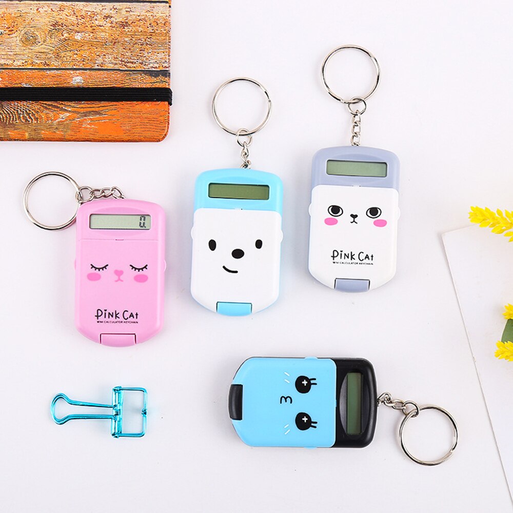 Mini Calculator Cute Cartoon with Keychain 8 Digits Display Portable Pocket Size Calculator for Children School Supplies
