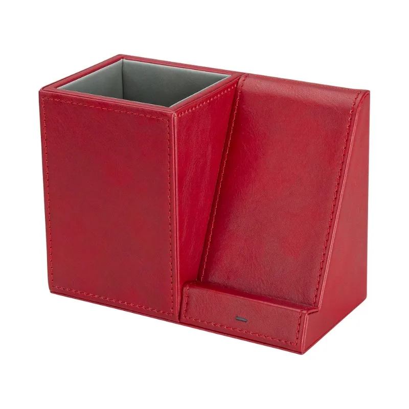 Leren pennenhouder voor op het bureau, draadloze oplaadstandaard voor je telefoon