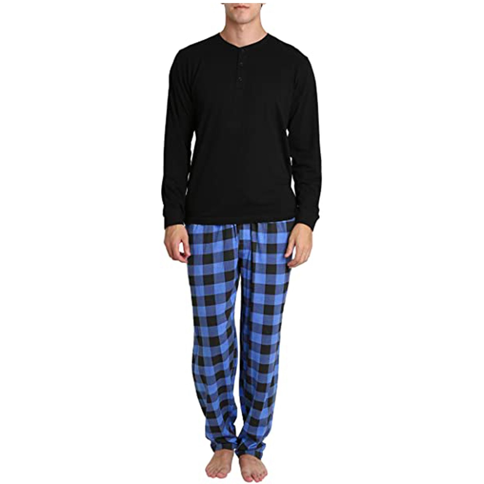 Plaid Printing Sleepwear Pijama Man Set Long Sleeve Soft Pijamas Hombre Invierno Blue Solid Sommeil Tops Home Suit Entero Hombre