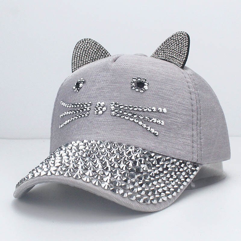 Gorra de béisbol ajustable con orejas de gato para niños, gorro con diamantes de imitación, perlas, ajustable, para primavera y verano: G