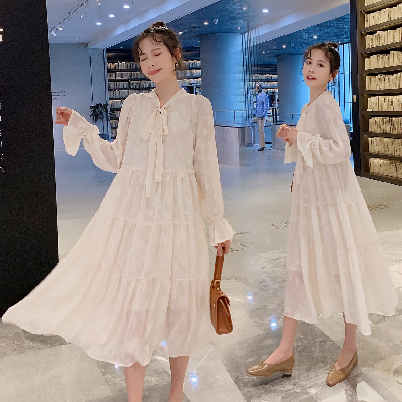 8113 Spring Korean Maternity Maxi Long Dress Plus Size Loose Clothes for Pregnant Women Sweet Long Sleeve Pregnancy