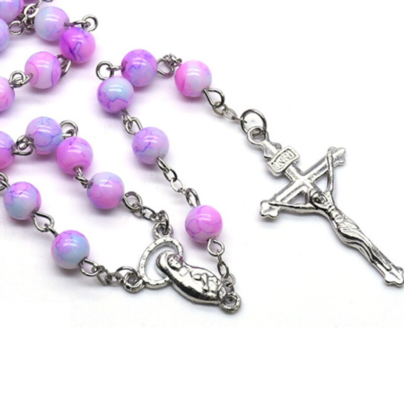 Rosário roxo com gradiente religioso, pingente redondo com contas da moda, cruz da virgem maria, 1 peça