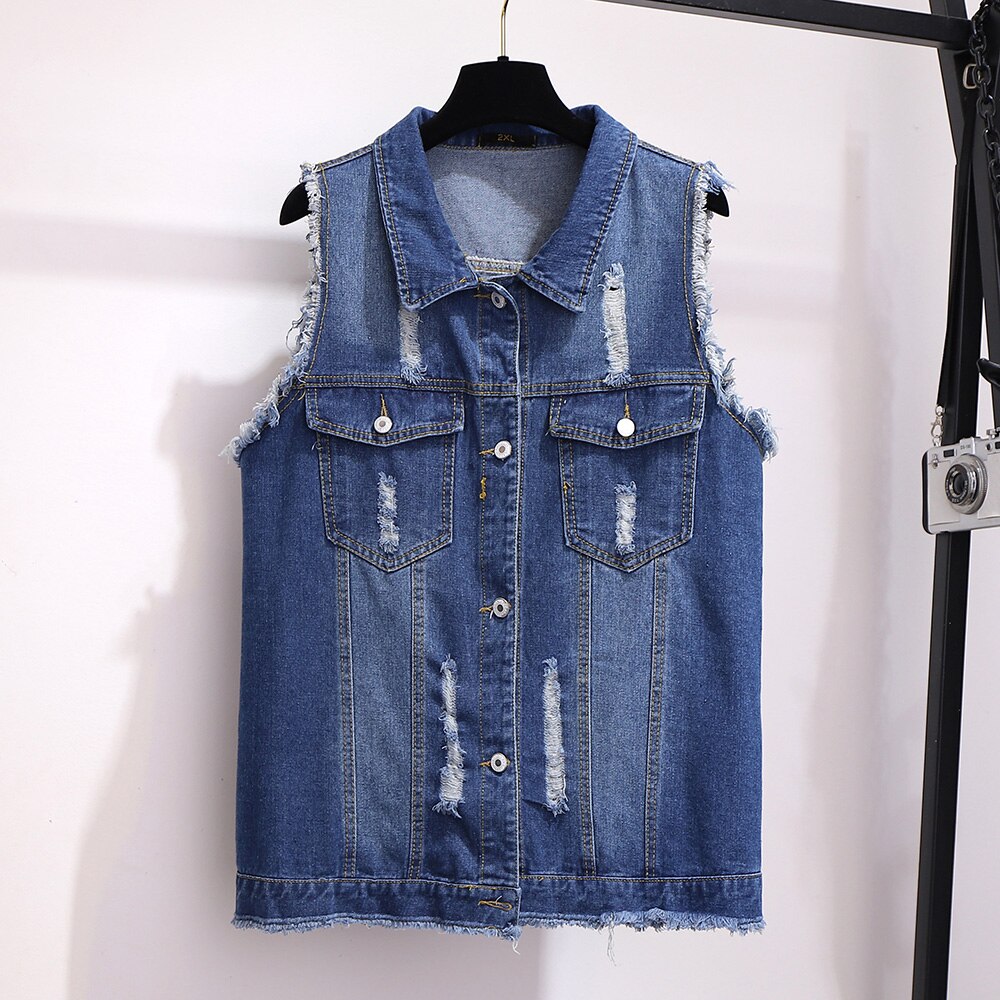 Grote Maat Vrouwen Denim Vest Mouwloze Kleding Vrouw Kleren Losse Plus Size Dragen Gaten Vrouwelijke Jas Jas: A0394-BLUE / Xxxl
