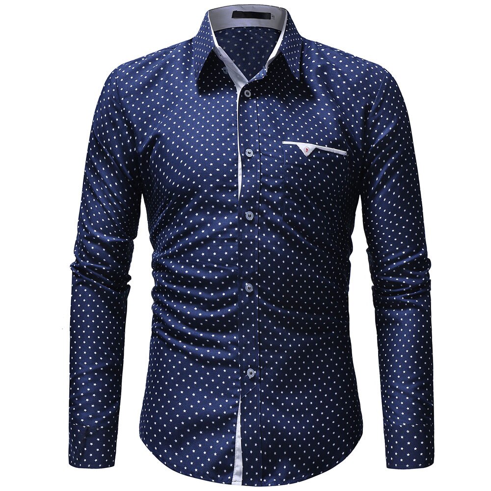 Clothes Shirts Autumn Casual Formal Broadcloth Polka Dot Men Slim Fit Long Sleeve Turn-Down Shirt Top Blouse Chemise Homme