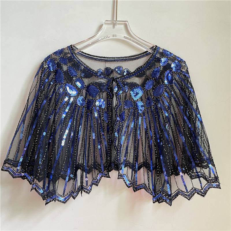 Vintage 1920s flapper xale lantejoulas frisado capa curta frisado decoração gatsby festa malha curto cobrir vestido acessório: royal blue