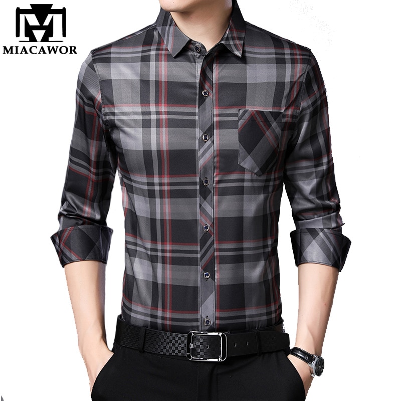 Miacawor Heren Shirts Lente Lange Mouw Slim Fit Camisa Masculina Business Casual Plaid Shirts Vintage Mannen Kleding C589