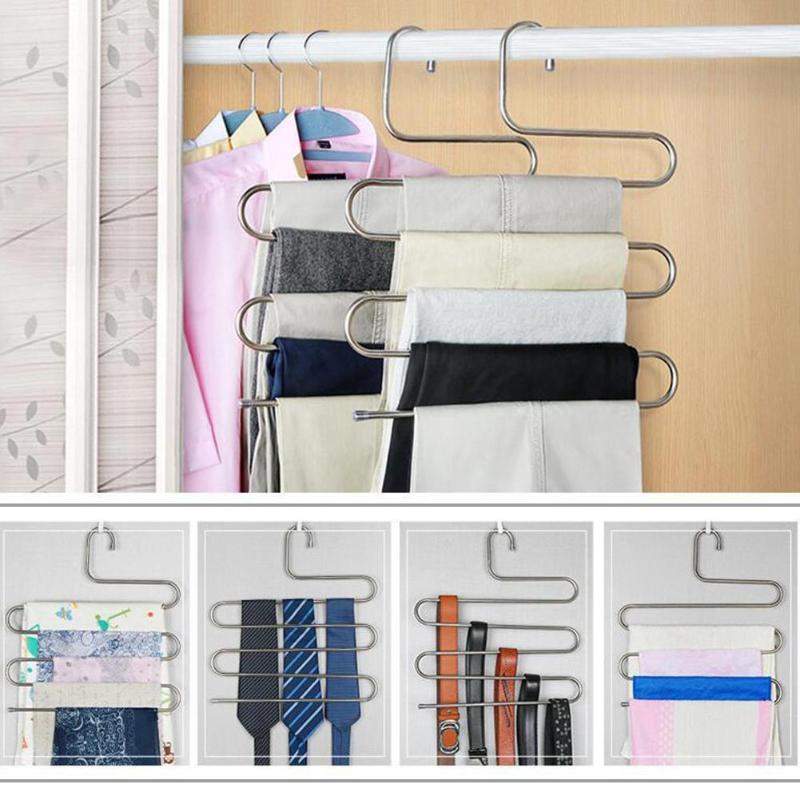 Roestvrij Staal Kleding Broek Hanger Saving Ruimte Closet Riem Houder Rack S-Type 5 Lagen Organizer Hangers Voor Kleding