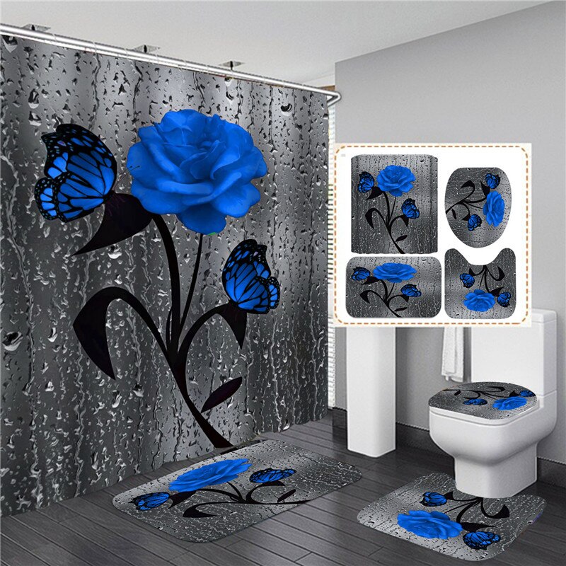 Rideau de Douche 3D Imperméable à Imprimé Rose en Polyester, Accessoires Disponibles en 5 Couleurs, Ensemble de Moquette de Décoration et Tapis de Bain Antidérapant pour toilette et Maison: 4PCS SET-B