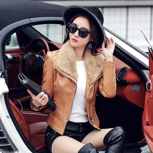 Abrigo de cuero, chaqueta, ropas de invierno para mujer, piel sintética, cuello redondo, cremallera, Chaqueta corta delgada, abrigo, prendas de vestir C91301