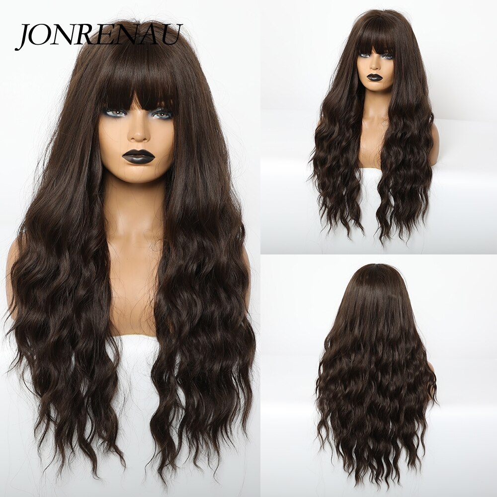 JONRENAU Synthetic Dark Brown Long Wavy Hair Wigs with Side Bangs Heat Resistant Fiber Wigs for White Black Women