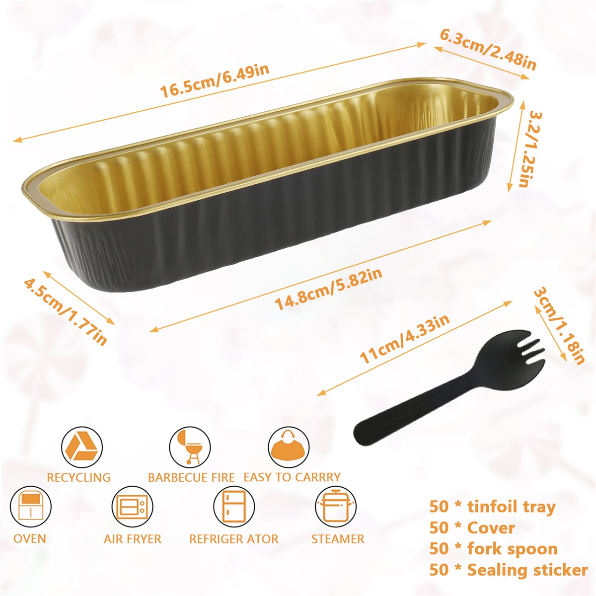 50 Stück Mini-Backformen mit Deckel und Löffel, 6,8 Unzen, rechteckige Backformen aus Aluminiumfolie, wiederverwendbare Mini-Brotbehälter, Muffin-Dosen: Schwarz