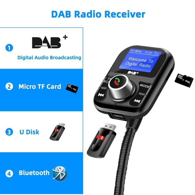 Digital Radio Adapter FM Transmitter Portable DAB Car Radio Bluetooth Hands-Free MP3 Receiver With LCD Display
