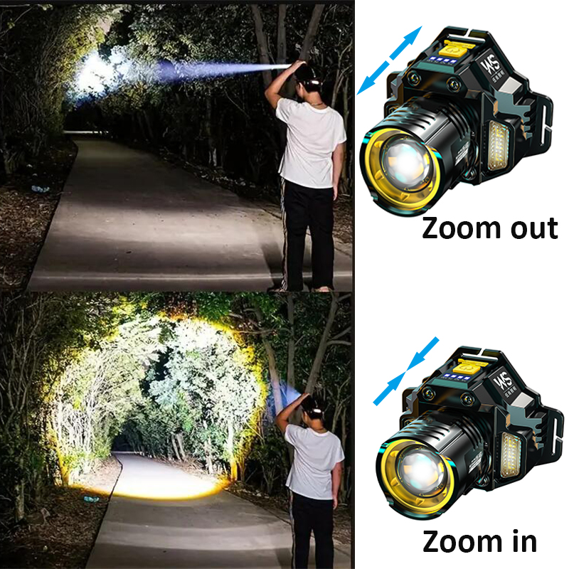 Rechargeable Powerful Headlamp 90° Adjustable Zoomable LED Headlight Built-in 18650 Battery for Camping Front Head Lantern