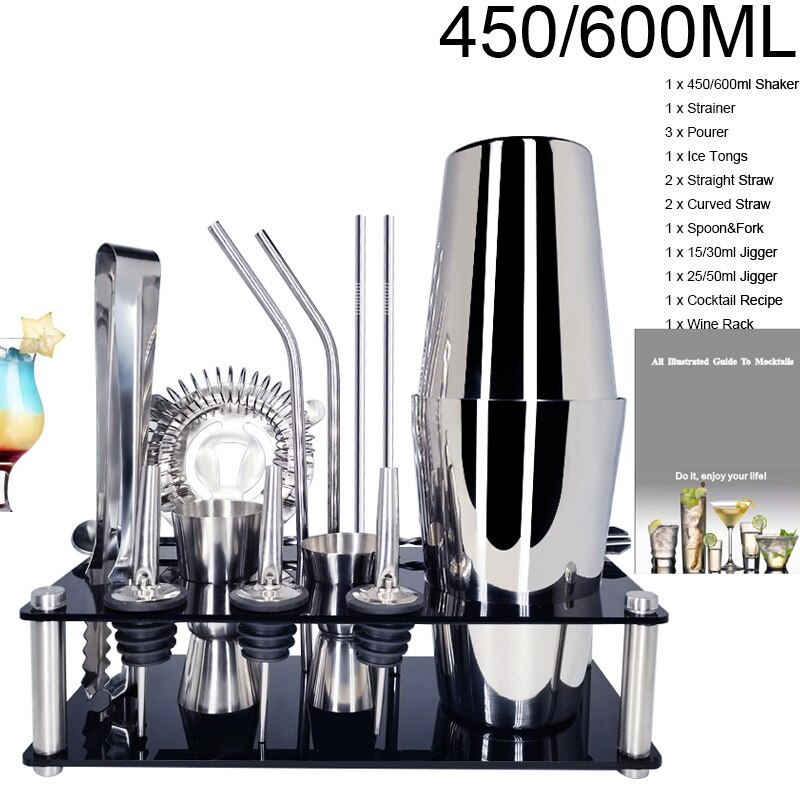 1-14 Teile/satz Edelstahl Boston Schnee Cocktail Shaker Rührgerät Trinken Barmann Werkzeug einstellen mit Gestell Rahmen Bar Cocktail Rezept: BI 15P 450600MLRACK