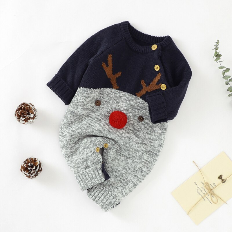 1pcs Knitted Cartoon Deer Romper Christmas Sweater Cartoon Christmas Elk Jumpsuits For Boys And Girls