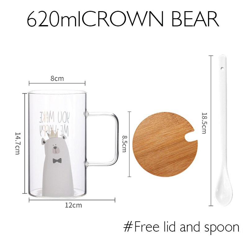 Taza de cristal creativa para el desayuno, taza de café o té con mango transparente, con cubierta, para el hogar y la Oficina: CROWN BEAR