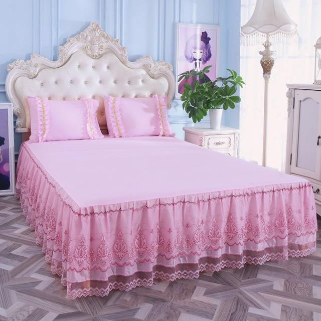 46 Romantic Bloom Pattern Solid Color Bed Skirt Non-slip Dust Ruffle Queen Size Bedspread Bed Skirt #/L: -LD-1805-1 / 150x200cm