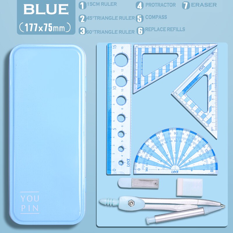 7Pcs/Set Ruler Compass with Metal box Geometry Maths Drawing Compass Stationery Rulers Mathematical compass for School: ruler compass blue
