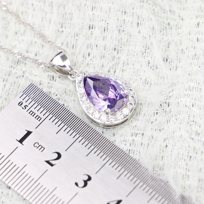 Collier de mariée en argent 925, pendentif goutte d&#39;eau, zircon cubique violet pour femmes