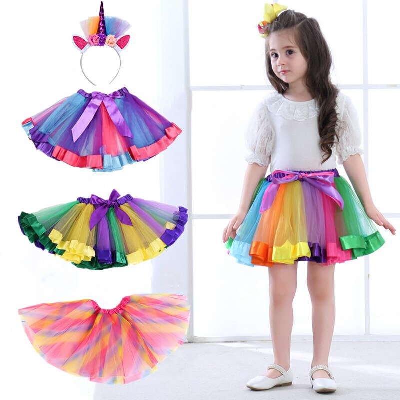 Jupe arc-en-ciel pour filles de 2 à 8 ans, jupes de fête colorées, en Tulle pelucheux multicolore pour enfants