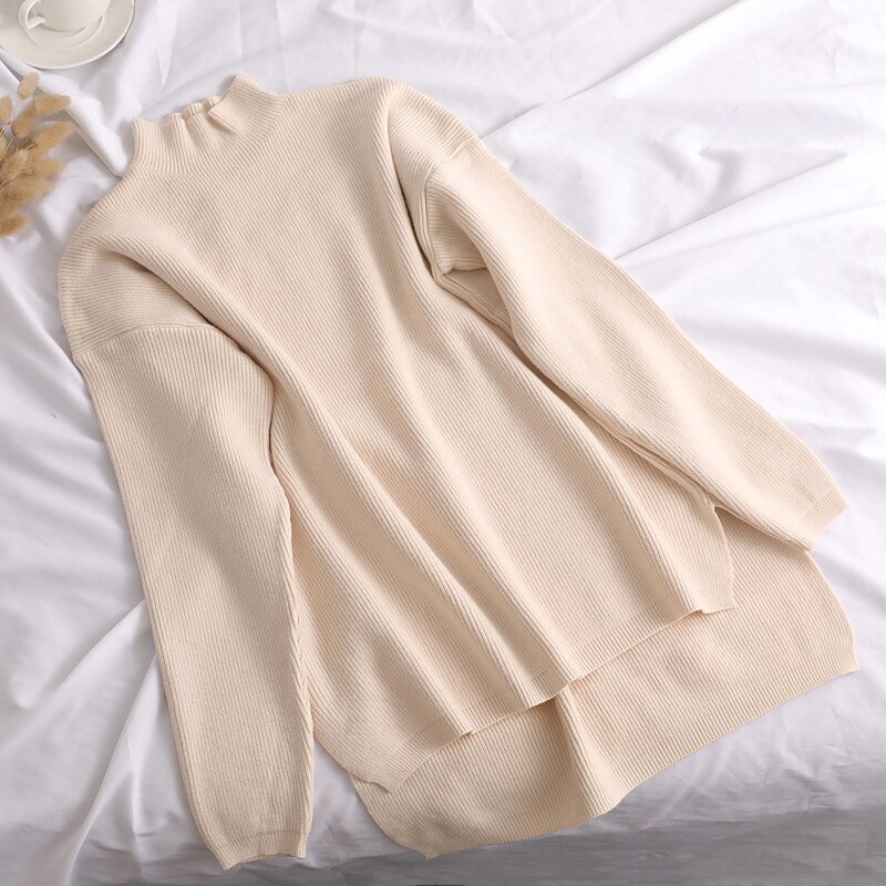 Løs sweater dame pullover afslappet rullekrave langærmet chik oversized strik sweater dame sweatere split side top: Beige