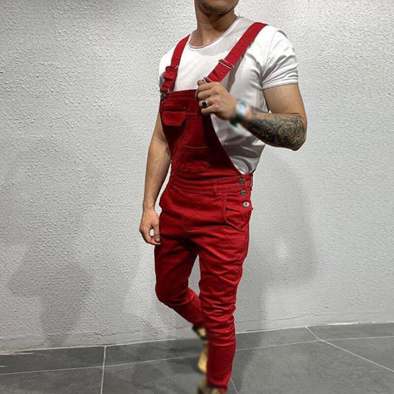 Hommes Denim Jeans salopette salopette combinaison Slim Fit bavoir pantalon décontracté coréen vêtements combinaison hommes: Rouge / S