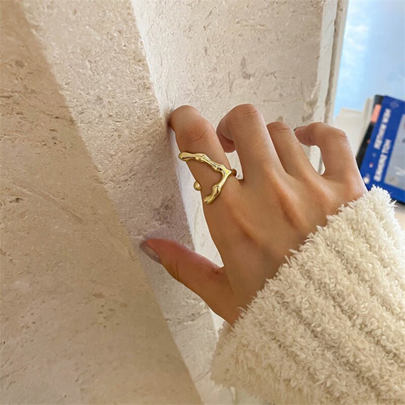 Anenjery 925 Sterling Zilveren Geometrische Textuur Ring Voor Vrouwen Onregelmatige Strips Ringen Persoonlijkheid Eenvoud Open Ring S-R99: Gold Color