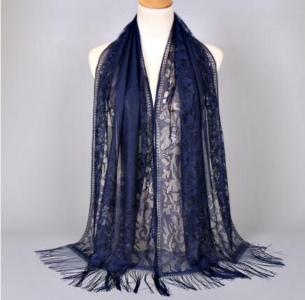 Women Cotton Polyester Floral Lace Scarf Shawl Tassels Party Wedding Lace Veil India Arab Muslim Hijabs Scarves: color 13 navy