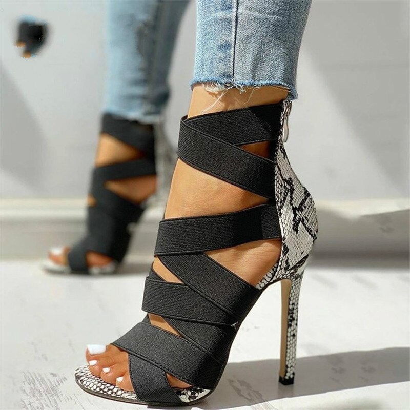 Vrouwen Dames Pumps Mode Bandage Patchwork Gemengde Kleuren Snake Hoge Hakken Sandalen Casual Schoen 43