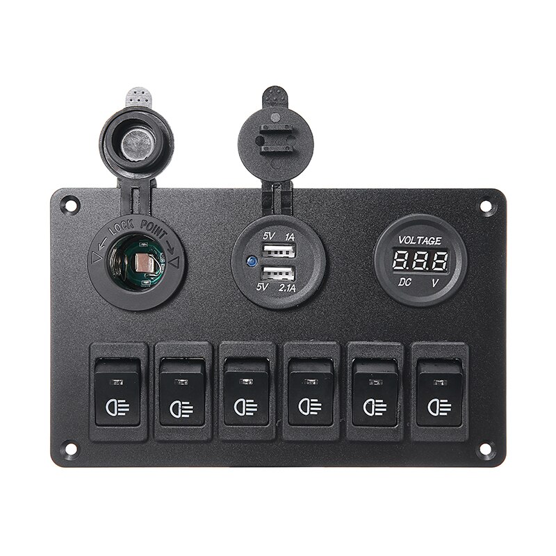 12V 6 Gang Car Blue LED Circuit Rocker Switch Panel Dual USB Charger Marine Boat Rocker Switch Control Panel Set