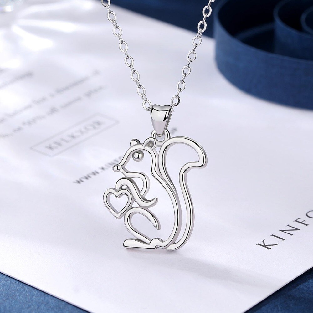 EUDORA 925 Sterling Silver Lovely Squirrel Pendant Big tail squirrel hearts pine cones Necklace Fun Fine Jewelry CYD284