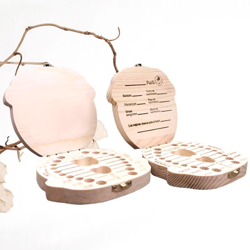 Baby Tand Doos Spaans/Engels/Nederlands/Russisch/Frans/Italiaans Houten Melk Tanden Organizer Opslag Jongens meisjes Baby Souvenirs